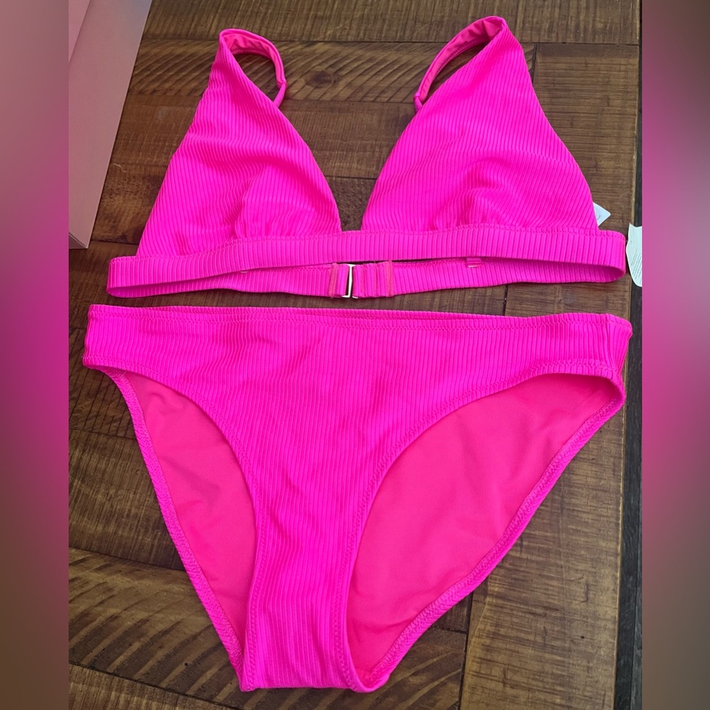 NWT Aerie FULL SET Shine Rib Plunge Bikini Top + Full Coverage Bottom Miami Pink